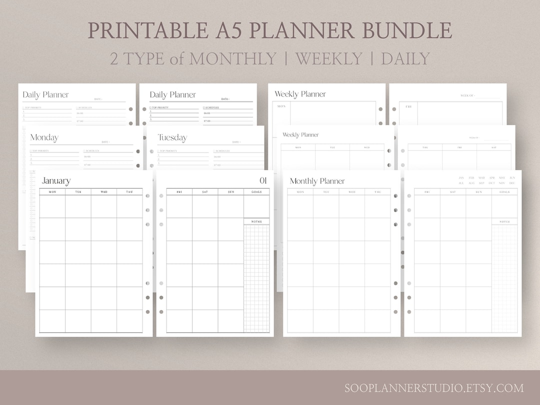 Printable A5 Planner Inserts Bundle Minimalist Daily Planner Pdf ...