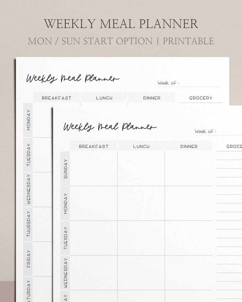 Printable Meal Plan With Grocery List Weekly Meal Planner - Etsy