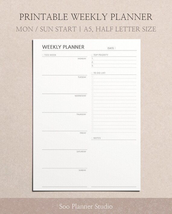 Printable Weekly Planner With to Do List Minimalist Weekly | Etsy