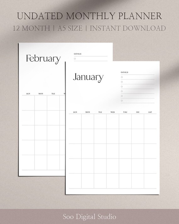 undated monthly planner printable 12 month planner for etsy