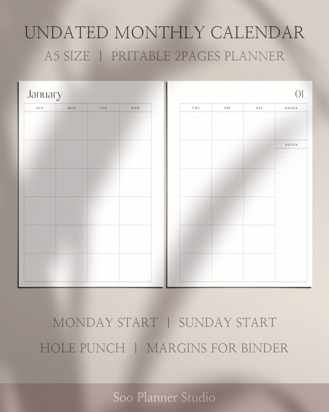 Printable Perpetual Calendar for Binder | Undated Monthly Planner ...