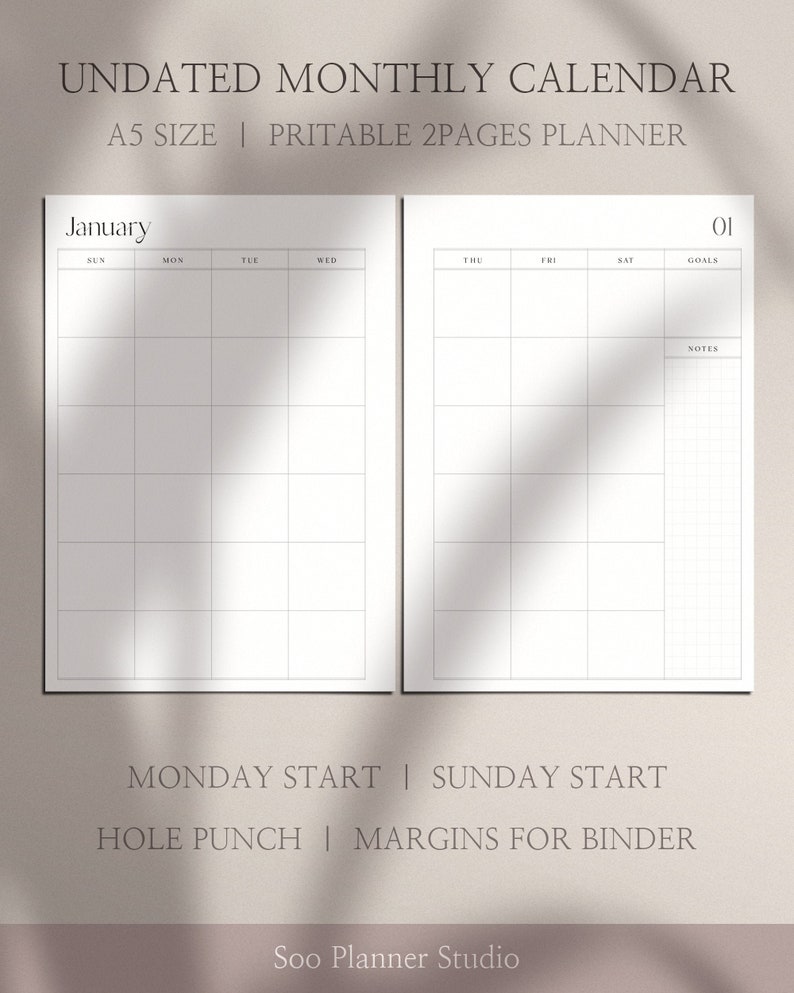 Printable Perpetual Calendar for Binder | Undated Monthly Planner ...