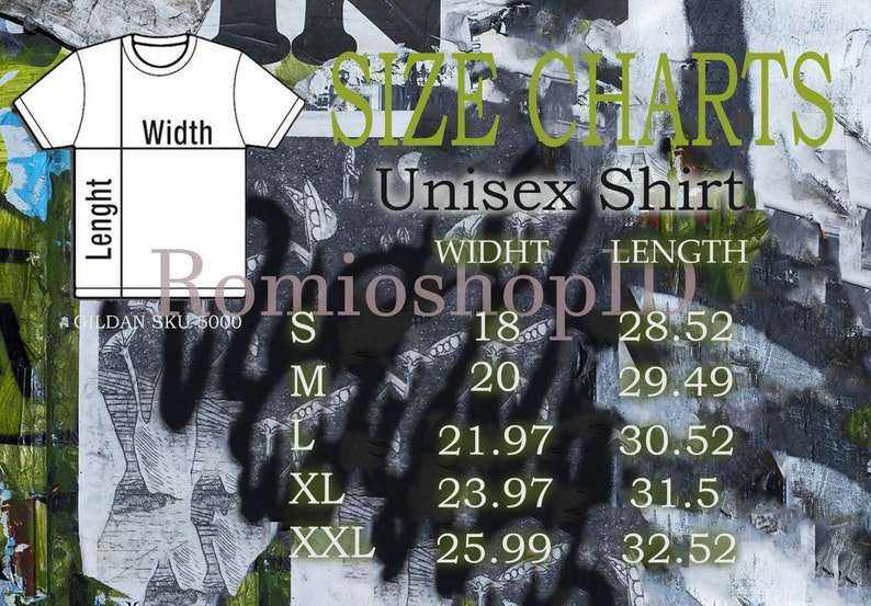 May include: Size chart for unisex shirts with measurements in inches. The chart shows the width and length of shirts in sizes S, M, L, XL, and XXL.