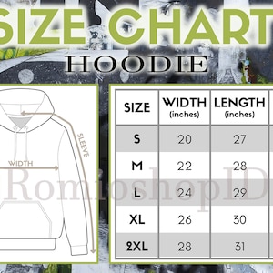 May include: Size chart for a hoodie with measurements in inches for width, length, and sleeve length. Sizes include S, M, L, XL, and 2XL.