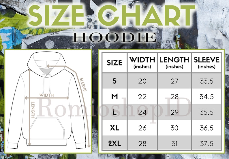 May include: Size chart for a hoodie with measurements in inches for width, length, and sleeve length. Sizes include S, M, L, XL, and 2XL.