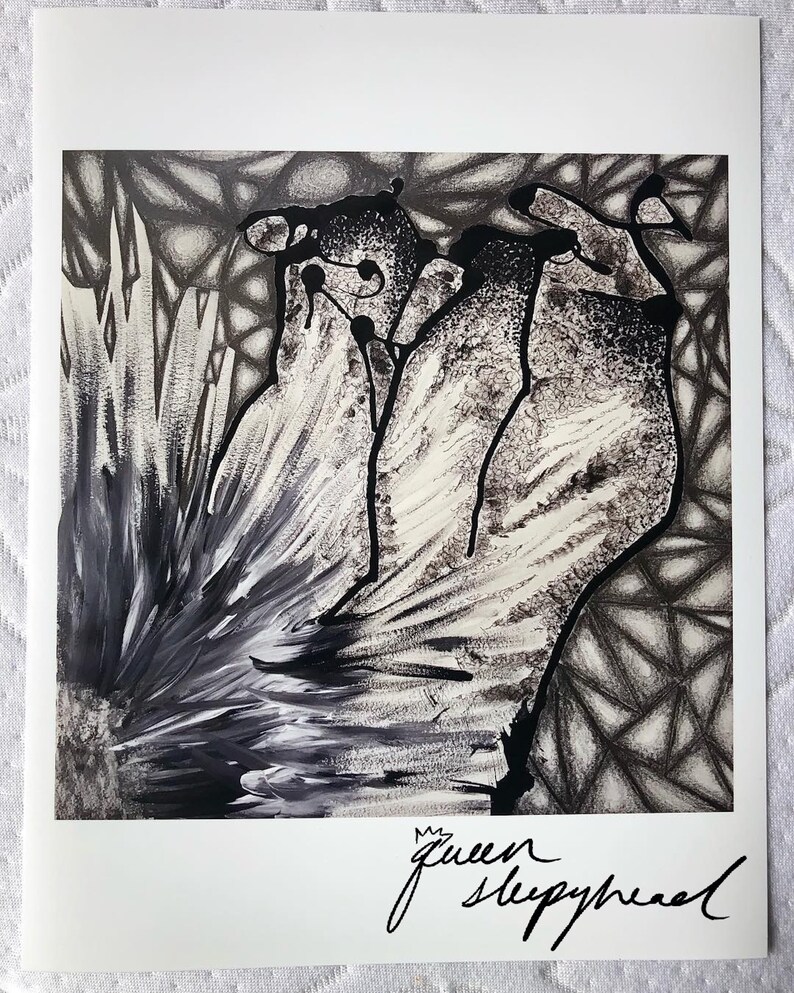 May include: Black and white abstract art print with a signature that reads "My Queen Sleepyhead".