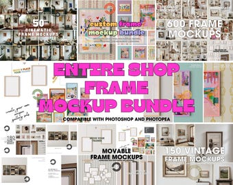 Pacchetto completo di mockup di cornici per negozi: interni moderni, boho, vintage (file PSD per Photoshop e Photopea)