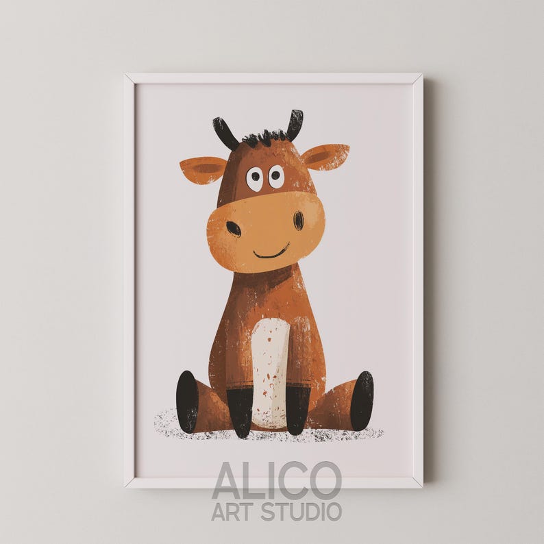May include: A brown and white cartoon cow with big eyes and a smile sits on a white background. The image is framed in a white frame with the text "ALICO ART STUDIO" at the bottom.