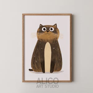 Lindo arte de pared de gato marrón, impresión minimalista de gato, arte de pared divertido para niños, decoración de animales para guardería, póster de garabatos, ilustración de mascota A4, A3, A2