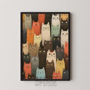 Arte de pared de gatos, póster de animales coloridos de estilo bohemio, arte de pared con multitud de gatos, linda decoración de pared para mascotas, ilustración retro de gatos, decoración de guardería, impresión para dormitorio