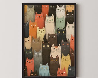 Colorful Cat Crowd Art Print: Quirky Feline Poster (Digital Download)