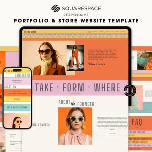 Könnte beinhalten: Eine responsive Portfolio- und Shop-Website-Vorlage von Squarespace. Das Design hat einen Retro-Vibe mit einer Farbpalette aus Orange, Rosa und Beige. Das Design wird auf einem Tablet und Smartphone angezeigt.