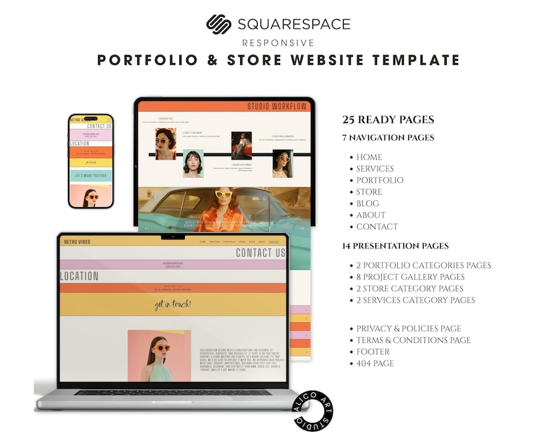 Squarespace Portfolio & Online Store Website Template for Creative Designers, Photographers, Artists | Retro Colorful Customizable Website