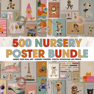 Kinderzimmer Wand Kunst Set von 500, Kinderzimmer Print Bundle, Tier Illustrationen, Kinderzimmer Poster, Baby Raum Dekor, Unisex Kinder Kunstdrucke