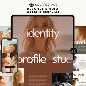 May include: A digital mockup of a website template displayed on a tablet and smartphone. The website design features a woman's portrait with the word "identity" in large white letters. The color scheme is primarily brown and beige.