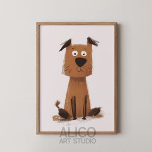 Arte de pared sencillo con cachorro, impresión de perro para guardería, póster de adorable terrier, guardería minimalista, perro marrón, decoración de habitación de bebé, obra de arte A3, A2, A4