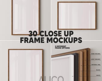 Close up Frame Mockup Bundle, 30 Wood Frame Mockups, Vertical, Horizontal, Square frame mockups, Glass reflection, Oak, Black, White Frames