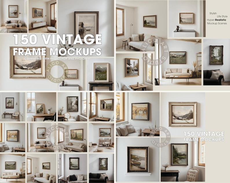Vintage Frame Mockup Bundle, 150 Rustic Wall Frame Mockup, Classical Frames, Antique Poster Mockup, Old Frame Mockups, Psd, Photopea Mockups