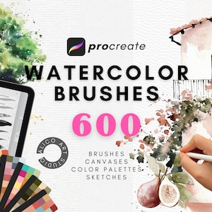 Puede incluir: Suministros de arte digital para Procreate, con pinceles de acuarela. La imagen muestra una tableta con una biblioteca de pinceles, una paleta de colores y el texto "WATERCOLOR BRUSHES 600". Incluye pinceles, lienzos, paletas de colores y bocetos.