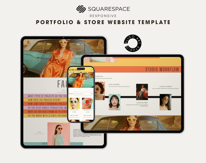 Squarespace Portfolio & Online Store Website Template for Creative Designers, Photographers, Artists | Retro Colorful Customizable Website
