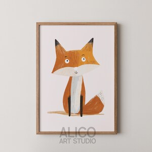 Impresión de zorro simple para guardería, arte de pared de animales para niños, póster de animales de safari, decoración minimalista para bebés, zorro dibujado a mano, obra de arte digital, tamaño A3, A2