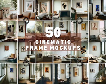 Pacote de mockups de moldura analógica vintage, 50 mockups de moldura cinematográfica, arte de parede, mockups de pôster, pacote de mockups de moldura de foto, interiores artísticos