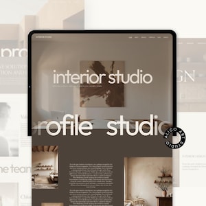 May include: A digital tablet showcasing a website design for an interior design studio. The website features the text "interior studio" and "profile studio" in large white font. The design includes images of interior spaces and the text "ALICO ART STUDIO".