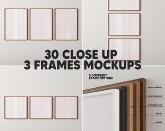 Close up Frame Mockup Bundle, 30 Set of 3 Mockups, Vertical, Horizontal, Square frame mockups, Glass reflection, Woode, Black, White Frames