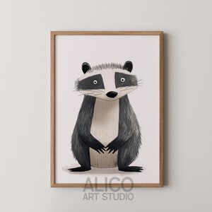 Póster infantil con diseño de tejón peculiar, decoración minimalista de animales para bebés, impresión infantil sencilla dibujada a mano, habitación infantil, descarga de impresión artística, tamaño A3, A2, A4