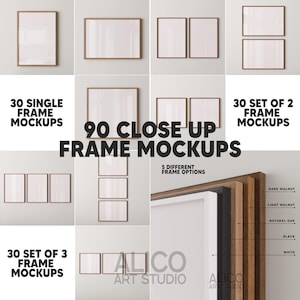May include: 90 close-up frame mockups featuring 30 single frames, 30 sets of two frames, and 30 sets of three frames. The frames are available in five different colors: dark walnut, light walnut, natural oak, black, and white.