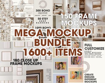 May include: A digital product bundle featuring 1600+ frame mockups for social media and Etsy shop banners. The bundle includes 150 frame mockups, 180 close-up frame mockups, 300 Instagram templates, and 50 Etsy shop banners. The mockups are compatible with Photoshop and Photopea.