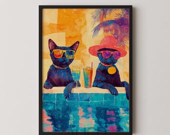 Poolside Black Cats Art Print: Retro Summer Vibes (Digital Download)