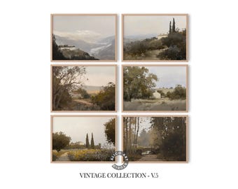 Vintage Landscape Wall Art Set of 6 – Rustic Countryside Decor, Old Farmhouse Paintings, European Cottage Style Prints, Digital Download