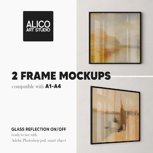 Black Square Frame Mockups: Realistic Wall Art PSD (Set of 2)