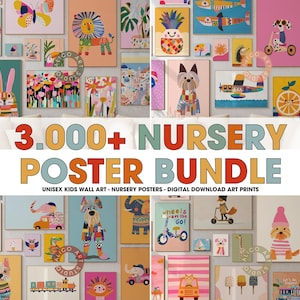 Mega paquete de arte mural para guardería, más de 3000 pósteres infantiles, decoración para habitación infantil, láminas de animales, decoración unisex para habitación de bebé, colección infantil divertida