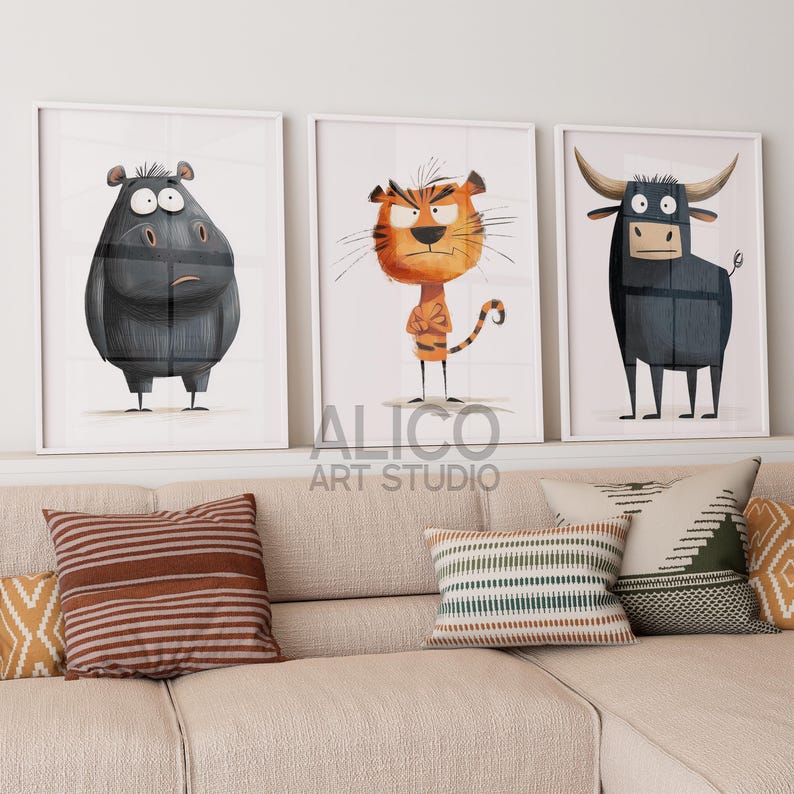 May include: Three framed illustrations of cartoon animals. The first illustration shows a black hippopotamus with a grumpy expression. The second illustration shows an orange tiger with a grumpy expression. The third illustration shows a black bull with a grumpy expression.