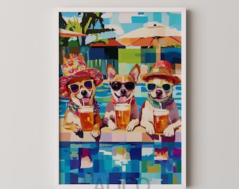 Lámina artística de perros divertidos junto a la piscina: Vibras veraniegas retro (descarga digital)