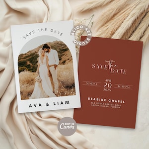 Foto minimalista para salvar a data, convite de casamento moderno do Canva, cartões de reserva de data boho, várias opções de cores, modelos de reserva de data de 5x7''