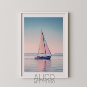 Impresión fotográfica de velero rosa pastel, arte de pared de navegación retro vintage, póster de océano en tonos suaves, decoración de casa de verano, obra de arte de fotografía de yate