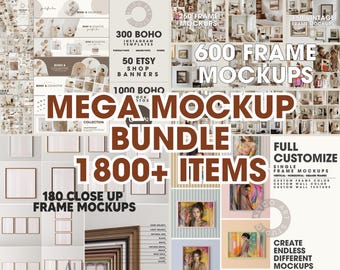 May include: A collage of images showcasing a large bundle of 1,800+ frame mockups for use in digital design. The bundle includes 300 Instagram templates, 50 Etsy shop banners, 1,000 boho mockups, 250 frame mockups, 150 vintage frame mockups, and 180 close-up frame mockups. The text "600 Frame Mockups" is prominently displayed in the center of the image.
