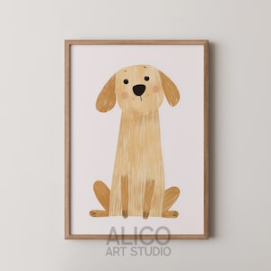 Petite impression dorée pour chambre de bébé, art mural minimaliste pour enfants avec chien, oeuvre d'art chien dessin simple, animal bohème, déco de chien de salle de jeux, chambre de bébé A3