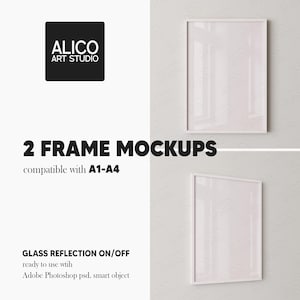 May include: Two white picture frames with a white mat on a white wall. The frames are empty and ready for your artwork. The frames are compatible with A1 and A4 paper sizes. The text "2 FRAME MOCKUPS" and "compatible with A1-A4" is below the frames. The text "GLASS REFLECTION ON/OFF" is below the text "compatible with A1-A4". The text "ready to use with Adobe Photoshop psd. smart object" is below the text "GLASS REFLECTION ON/OFF".