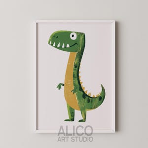 May include: A green and yellow cartoon dinosaur with a friendly expression. The dinosaur is standing on a white background with the text "ALICO ART STUDIO" at the bottom.