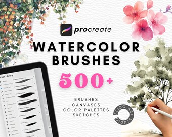 May include: A digital illustration of watercolor brushes for Procreate. The image shows a tablet screen displaying a brush library with over 500 brushes, canvases, color palettes, and sketches. The text "WATERCOLOR BRUSHES 500+" is displayed in large, bold letters.