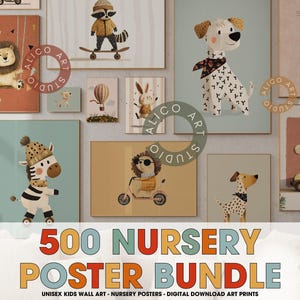 Arte de pared para habitación de niños, juego de 500 impresiones para guardería, paquete de pósteres unisex para habitación de niños, decoración para habitación de niño y niña, juego de impresiones para habitación de bebé, guardería de animales