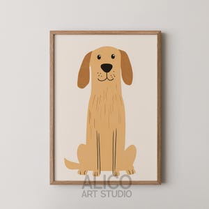 Impresión minimalista de perro para guardería, póster de golden retriever feliz, arte de pared bohemio para niños, impresión de arte de animales con garabatos, decoración de sala de juegos, póster A3, A2, A4