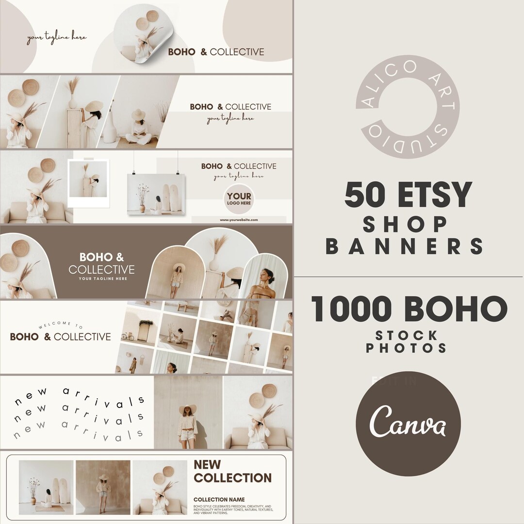 Boho Etsy Shop Banner Kit: 50 Canva Templates + 1000 Stock Photos ...
