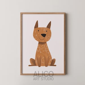 Impresión de terrier dulce simple dibujado, arte de pared minimalista para guardería de perros, perro marrón, póster de niño juguetón, decoración para bebés, póster de mascotas, impresión de arte digital