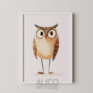 May include: A framed illustration of a brown owl with large, round eyes. The owl is standing on two legs and has a white background. The frame is white and has the text "ALICO ART STUDIO" at the bottom.