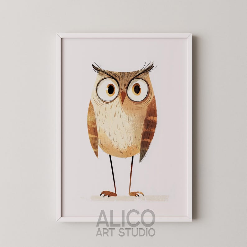 May include: A framed illustration of a brown owl with large, round eyes. The owl is standing on two legs and has a white background. The frame is white and has the text "ALICO ART STUDIO" at the bottom.